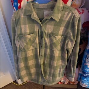Green and Cream Plaid Button-Up Shirt